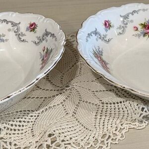 Royal Albert Tranquility Oval Vegetable Bowls with Pink Rose Motif and Gold Trim